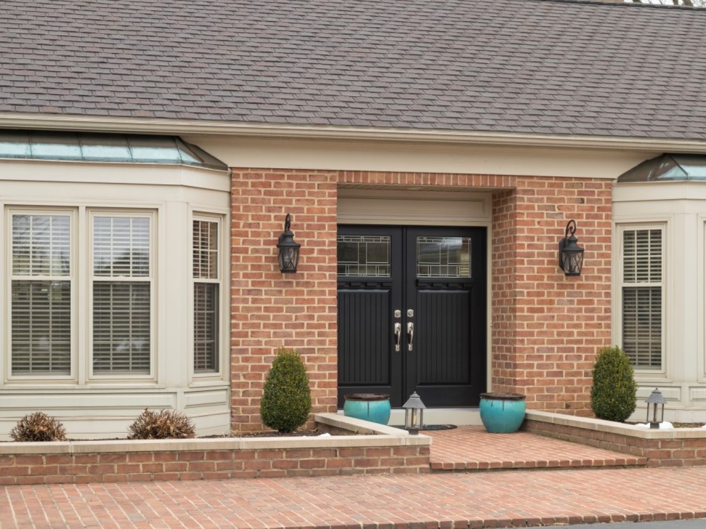 black door and front windows
