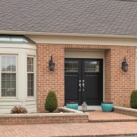 black door and front windows