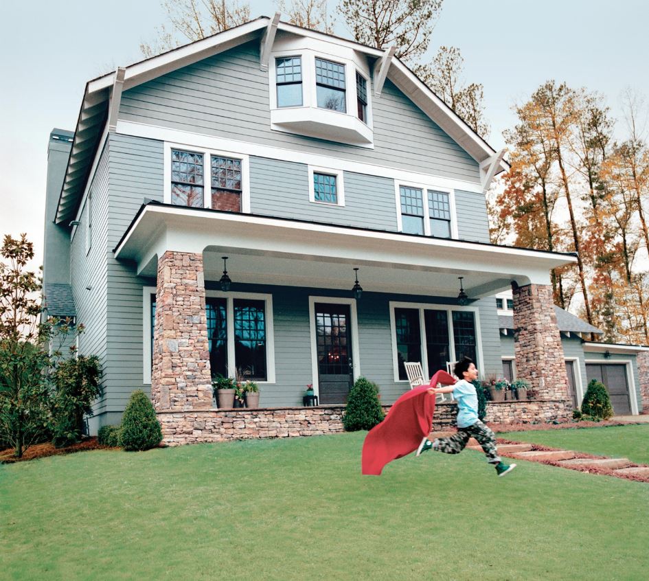 Pacific Blue Vinyl siding by CertainTeed. We like BOLD white trim