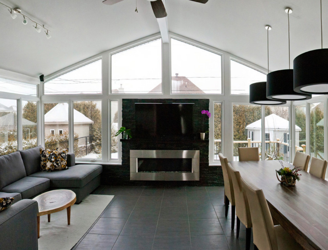 Dining room and fireplace in sunroom 