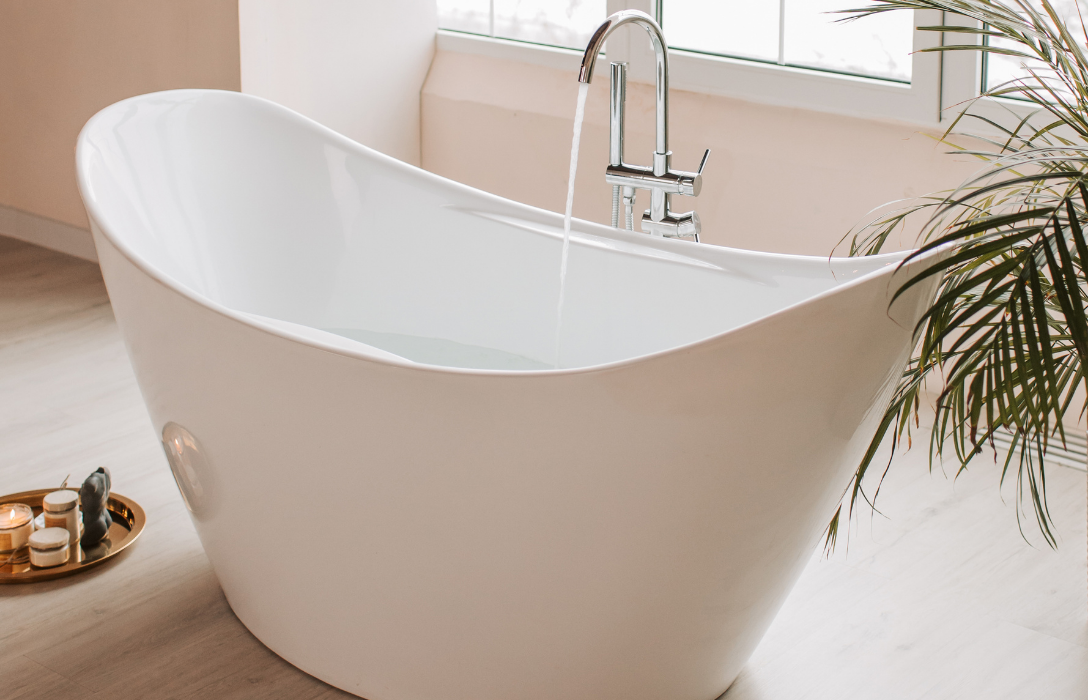 Free-standing tub in renovated master bathroom