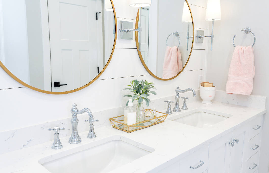 Master bathroom vanity with white shiplap
