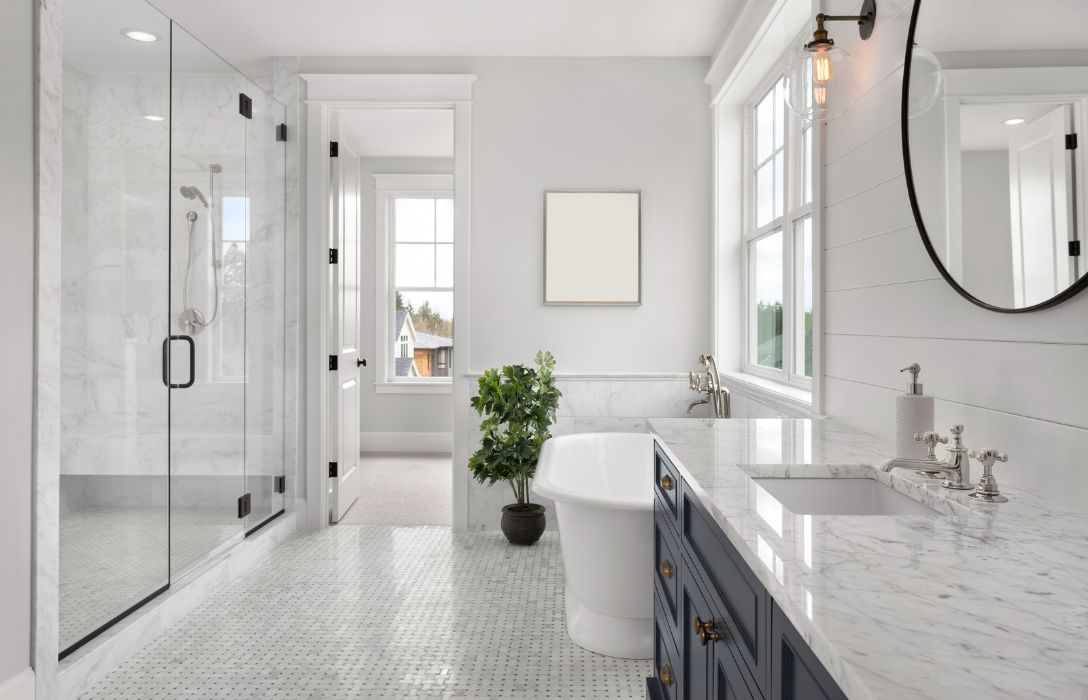 Modern master bathroom with tile shower