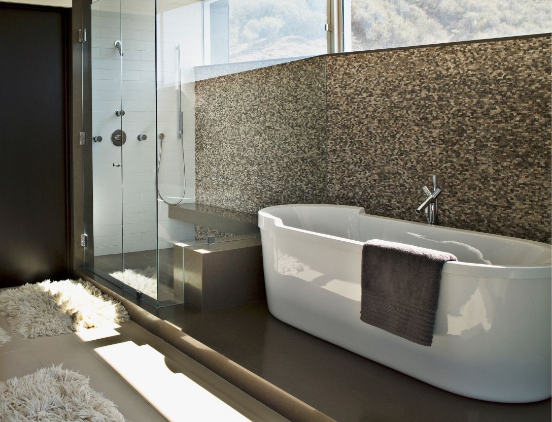 Luxury soaking tub in upscale bathroom renovation