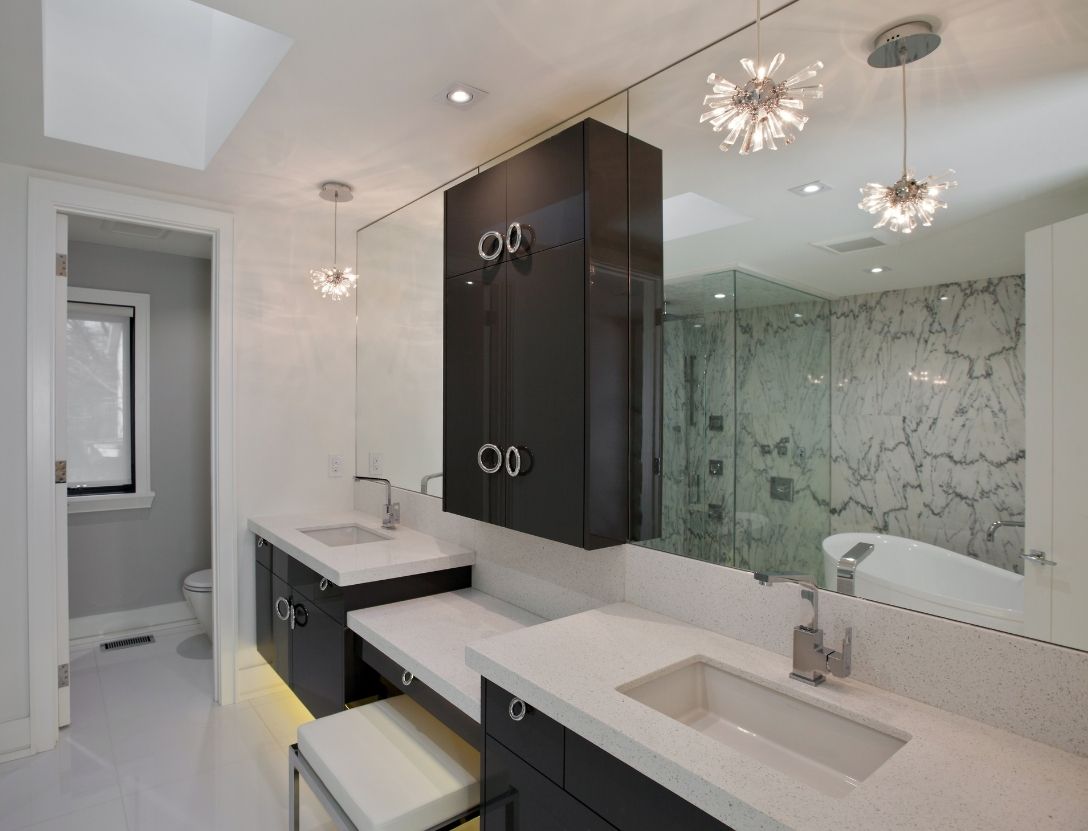 Master bathroom with cabinet storage 