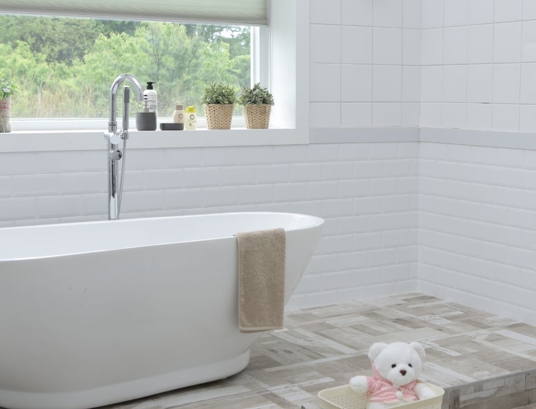 Soaking tub in spa bathroom remodel