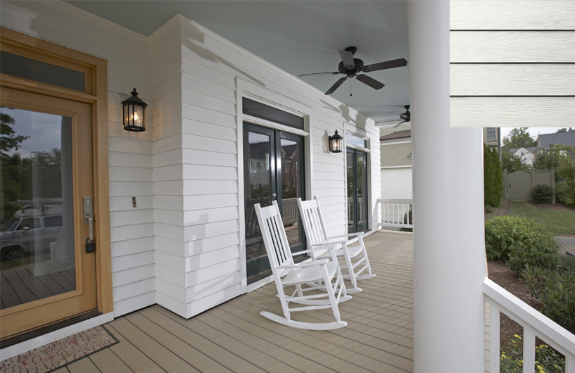 Artic white house siding on front porch