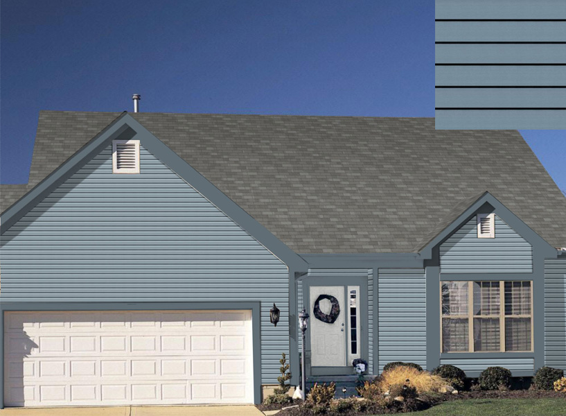 Blue Certainteed siding on single-story home