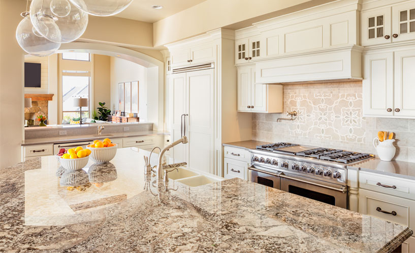 Quartz countertop in modern white kitchen