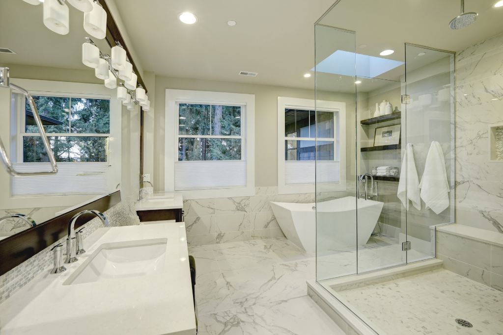 Modern marble bathroom with two vanities 